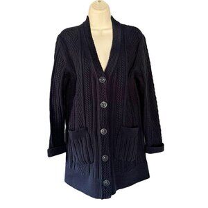 CAbi Woman's Sz M Blue Cable Knit Slant Pocket Button Up Cardigan Sweater #3882